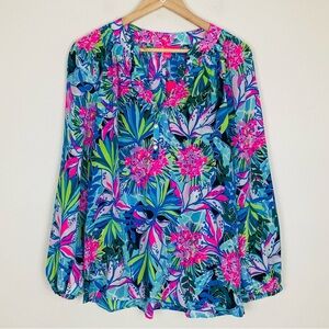Lilly Pulitzer silk floral “Elsa” popover long sleeved NWT blouse. Size Large.